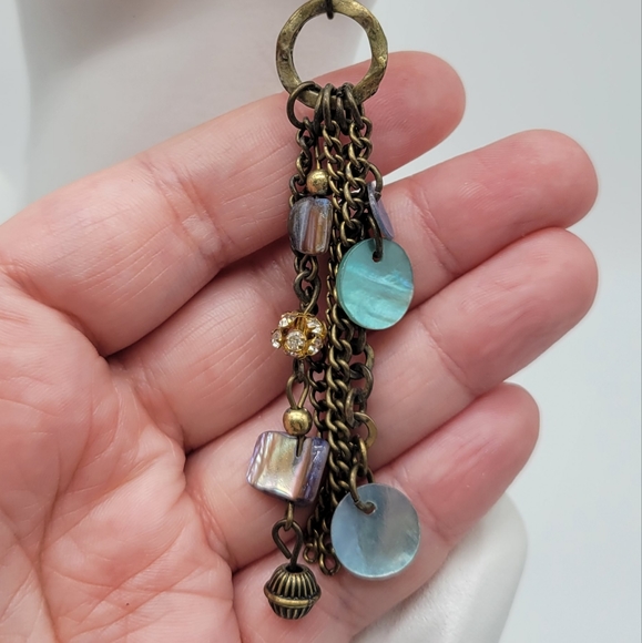 Extra Long Beaded Shell Dangle Earrings with Chains in Oxidized Bronze - Picture 2 of 3